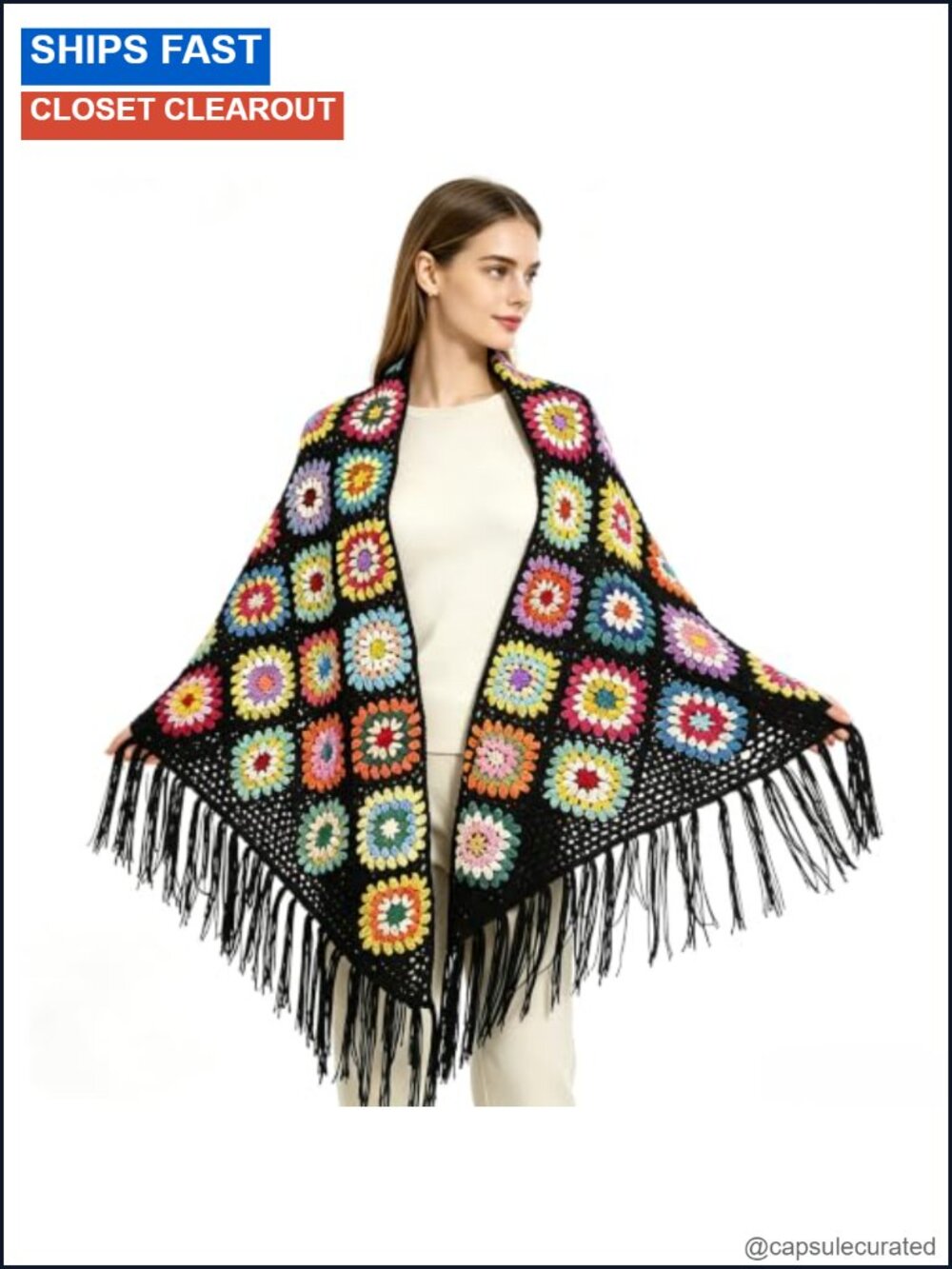 Hand Crochet Granny Square Triangle Shawl Boho Fringe Wrap Women